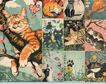 May include: A collage of digital art featuring cats in various poses and settings. The images include cats sleeping, sitting, and walking. The background features floral patterns and a variety of colors, including pink, blue, green, and yellow.