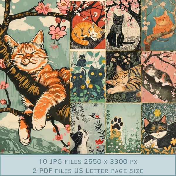 Block printed Cats Background Images. PDF files and Printable JPEG files. 300dpi. Scrapbook pages - Junk Journal pages - Cards