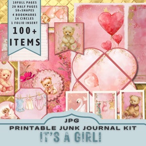 Junk Journal Kit pasgeboren babymeisje, halve pagina's, volledige pagina's, kaarten, tags, folio, plakboekvoorraad, roze, digitals, afdrukbaar. JPG-download