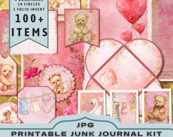 Newborn Baby Girl Junk Journal Kit: Pink Scrapbook Pages (JPG Download)