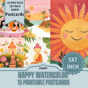 Diseños de postales alegres en acuarela: imágenes de acuarela brillantes. Escenas alegres de estilo zen. 10 archivos JPEG de 5 x 7 pulgadas. Descarga directa de 300 ppp en Etsy.