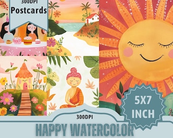 Watercolor Postcard Set: Happy Zen Scenes, Bright Images (5x7 inch JPEG Files)