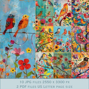 Imagens de fundo de pássaros coloridos. Arquivos PDF e arquivos JPEG para impressão. 300 dpi. Páginas de álbum de recortes - Páginas de lixo eletrônico - Cartões