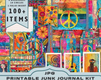 Boho Hippie Junk Journal Kit: Flower Power Pages, Cards, Tags (JPG Download)