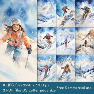 May include: A watercolor painting of a young girl skiing down a snowy mountain. The girl is wearing a bright orange jacket, a white helmet, and blue ski pants. The mountain is in the background, with a blue sky and white clouds. The painting is a beautiful depiction of winter sports.