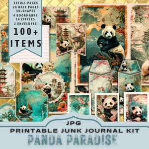 Panda Paradise Asian Junk Journal Kit, halve pagina's, volledige pagina's, kaarten, tags, enveloppen, plakboekvoorraad, digitale documenten, afdrukbaar. JPG-download