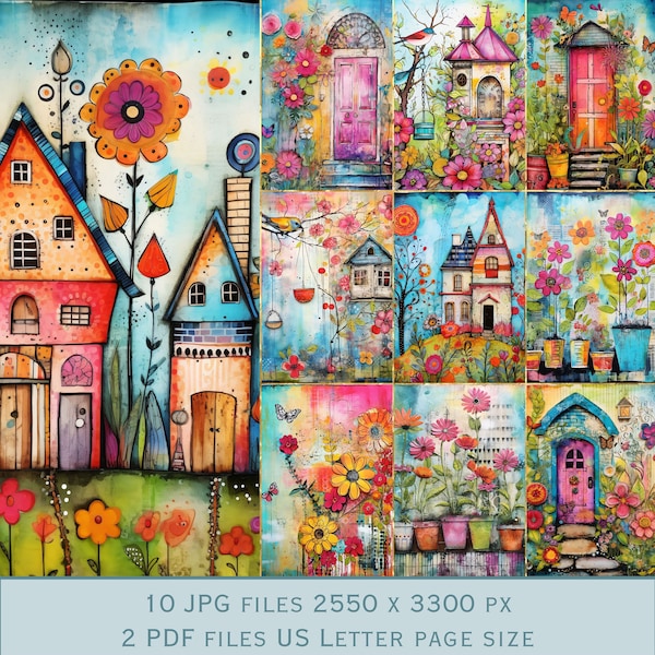 Imágenes coloridas de fondo de primavera. Archivos PDF y archivos JPEG imprimibles. 300 ppp. Páginas de álbumes de recortes - Páginas de Junk Journal - Tarjetas