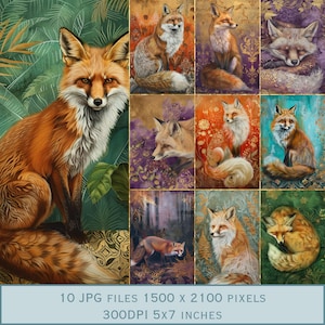 Design de carte postale renard : art animalier spirituel en bleu, vert, orange, violet, rose. 10 fichiers JPEG 5 x 7 pouces. 300 dpi téléchargement direct sur Etsy.