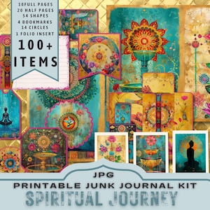 Spiritual Journey Junk Journal Kit, halve pagina's, volledige pagina's, kaarten, tags, folio, plakboekvoorraad, goud, digitaal, afdrukbaar. JPG-download