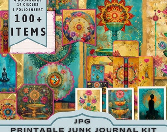 Spiritual Journey Junk Journal Kit, Half pages, Full pages, Cards, Tags, Folio, Scrapbook Supply, Gold, Digitals, Printable. JPG Download