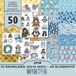 Hiver 10 modèles sans couture et 40 fichiers JPEG aux coupes délicates. Motifs d'hiver. Pack de sublimation de papier numérique, fabrication de cartes de scrapbooking.