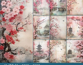 Pink Zen Garden Junk Journal Pages: Japanese Collage Kit (PDF & JPEG)