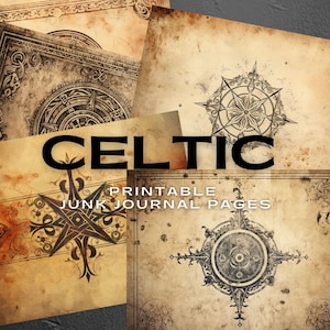 Puede incluir: Páginas de diario de chatarra celta imprimibles con diseños intrincados en papel envejecido. Los diseños incluyen una brújula, una estrella y un círculo.