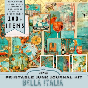 Italië Summer Junk Journal Kit, halve pagina's, volledige pagina's, kaarten, tags, folio, plakboekvoorraad, groenblauw, digitals, afdrukbaar. JPG-download