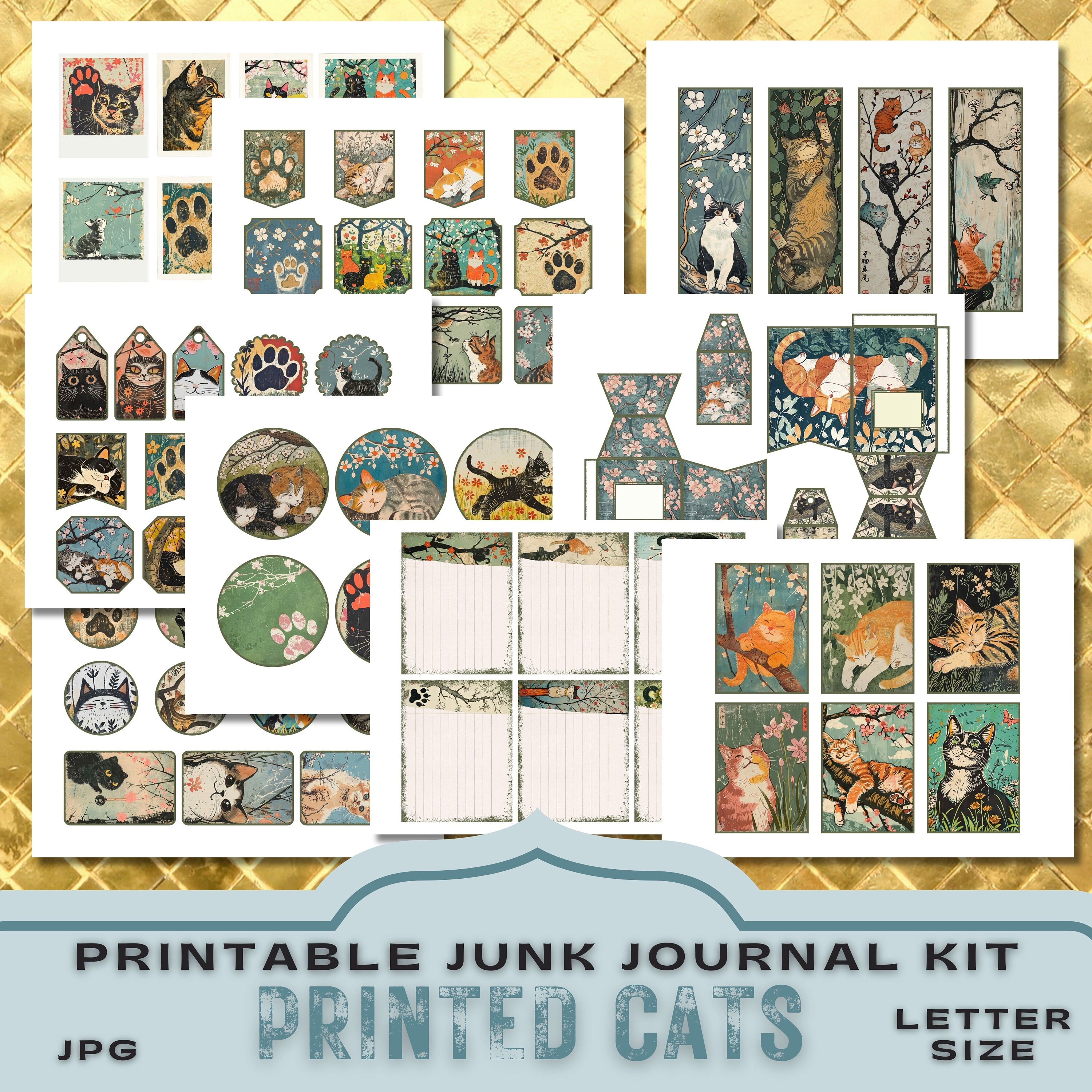 Block Printed Cats and Kittens Junk Journal Kit, Half Pages