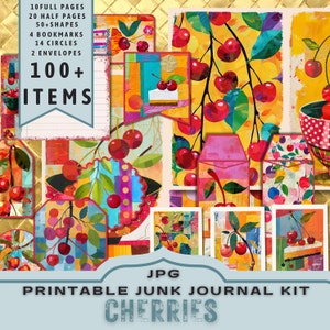 Kit digital Cherry Paper Collage, fabricación de tarjetas, kit de diario imprimible. 30 páginas tamaño carta JPG. Fruta roja de verano. Descarga directa de 300 ppp.