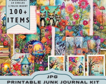 Buntes Frühlings Junk Journal Kit, Halbe Seiten, Ganze Seiten, Karten, Tags, Folio, Scrapbook Versorgung, ATC, Digital, Printable. JPG Herunterladen