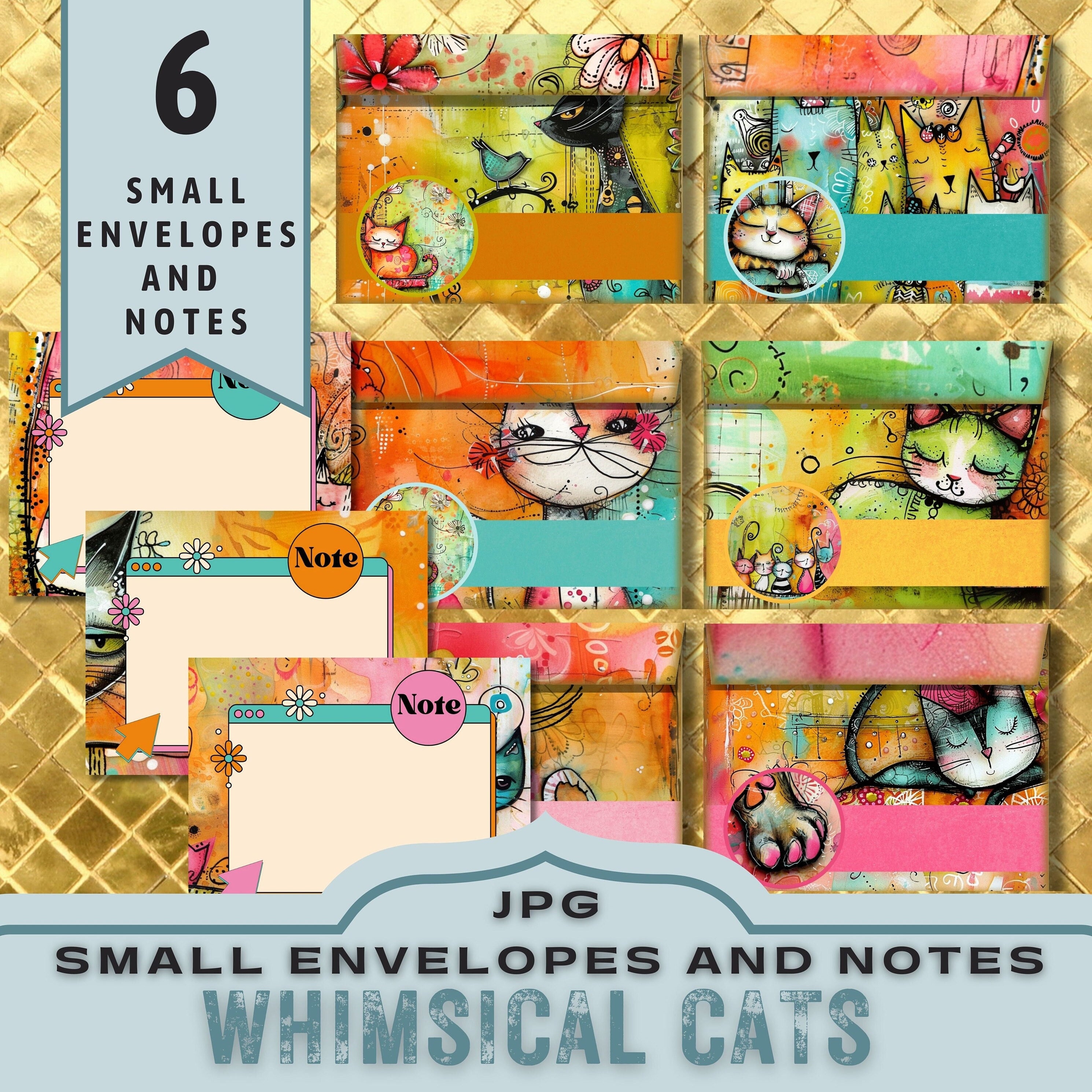 Whimsical Cats Printable Envelopes and Notes, Print and Cut Small ...