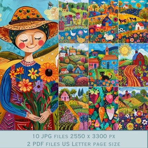 Imagens coloridas de fundo de fazenda. Arquivos PDF e arquivos JPEG para impressão. 300 dpi. Páginas de álbum de recortes - Páginas de lixo eletrônico - Cartões