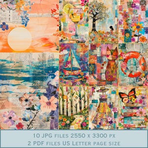 Imágenes de fondo del collage de verano: puesta de sol, piscina, bosque, lectura de libros. Tamaño carta estadounidense 300 ppp JPEG.