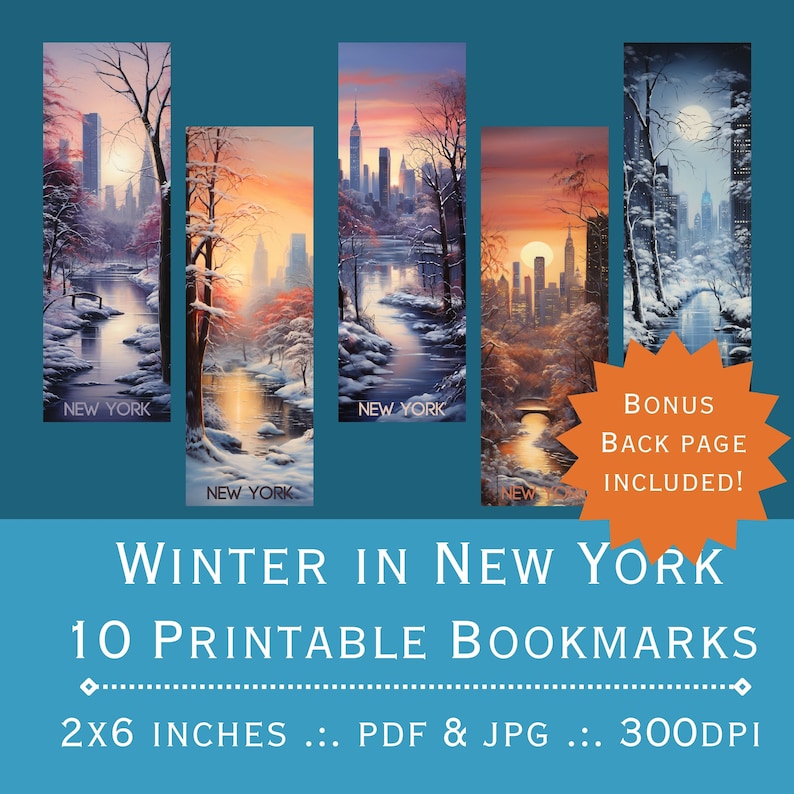 Printable Bookmarks Winter in New York. Printable PDF and JPEG Files