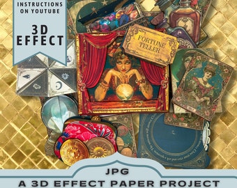 Fortune Teller kit Afdrukbaar papierknutselproject, 3D Effect Journal Folio, Insert, Digitale map, Uniek ambachtelijk cadeau, JPG Download