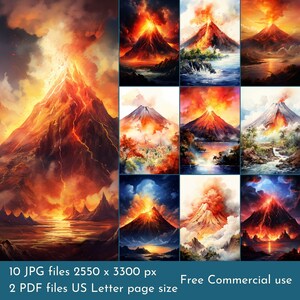 May include: A digital art collection of 10 images featuring a fiery volcano erupting with lava and smoke. The images depict various landscapes, including mountains, lakes, and forests. The images are available for free commercial use.
