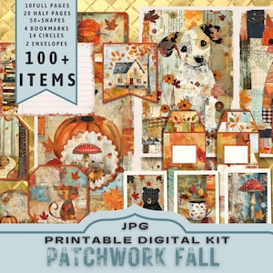 Puede incluir: Un kit digital imprimible con un tema de otoño en patchwork. El kit incluye 10 páginas completas, 20 medias páginas, más de 50 formas, 4 marcadores, 14 círculos y 2 sobres. El kit presenta una variedad de imágenes con temática otoñal, incluyendo calabazas, hojas, casas y animales. El texto "100+ ARTÍCULOS" y "KIT DIGITAL IMPRIMIBLE JPG PATCHWORK OTOÑO" está incluido en la imagen.