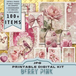 Kit numérique rose baies, fabrication de cartes, kit de journal imprimable. Papillon libellule, vintage. 30 pages JPG au format lettre. 300 dpi téléchargement direct