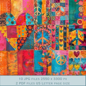 Boho hippie kleurrijke achtergrondafbeeldingen. Flowerpower. PDF-bestanden en afdrukbare JPEG-bestanden. 300 dpi. Plakboekpagina's Ongewenste dagboekpagina's Kaarten