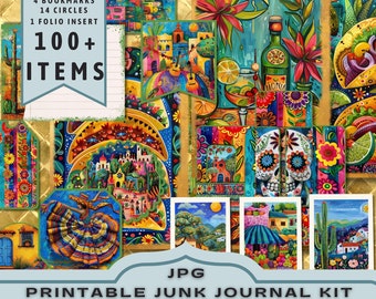 May include: A printable junk journal kit with a Mexican fiesta theme. The kit includes 10 full pages, 20 half pages, 50+ shapes, 4 bookmarks, 14 circles, and 1 folio insert. The kit features colorful illustrations of Mexican culture, including a skull, a sombrero, and a cactus.