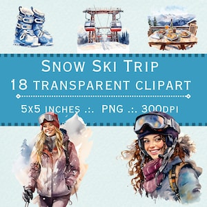 Aquarel wintersport clipart. Ski clipart, skivakantie clipart. Digitaal downloaden. 18 PNG transparante achtergrond. Gratis commercieel gebruik.