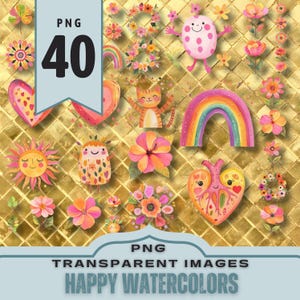 Fröhliche Aquarell Clipart Bilder. Regenbogen, Blumen. PNG transparenter Hintergrund für Kartenherstellung, Scrapbook, Aufkleber, Sublimation. 300dpi.