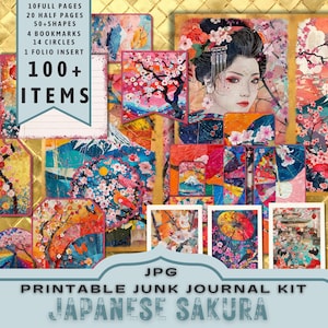 Kit giapponese Sakura Junk Journal, mezze pagine, pagine intere, carte, etichette, folio, fornitura di album, rosa, digitali, stampabile. Scarica JPG