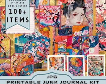 Japanse Sakura Junk Journal Kit, halve pagina's, volledige pagina's, kaarten, tags, folio, scrapbookaanbod, roze, digitals, afdrukbaar. JPG-download