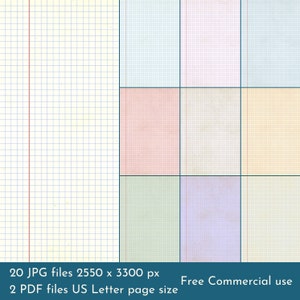 May include: A set of nine digital paper textures in various pastel colors. Each texture features a grid pattern and a subtle aged paper effect. The textures are available in both JPG and PDF formats. Free for commercial use.