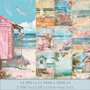Immagini di sfondo Shabby Chic per una giornata in spiaggia. File PDF e file JPEG stampabili. 300 dpi. Pagine di album - Pagine di diario spazzatura - Cartoline