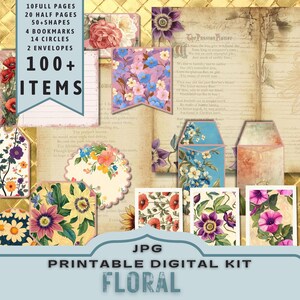 Kit digitale Flowers, Floral Ephemera. Mezze pagine con testo, Journal Kit stampabile. 30 pagine JPG formato lettera. Download diretto a 300 dpi
