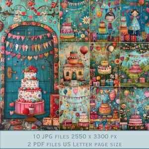Imágenes de fondo divertidas de cumpleaños. Archivos PDF y archivos JPEG imprimibles. 300 ppp. Páginas de álbumes de recortes - Páginas de Junk Journal - Tarjetas
