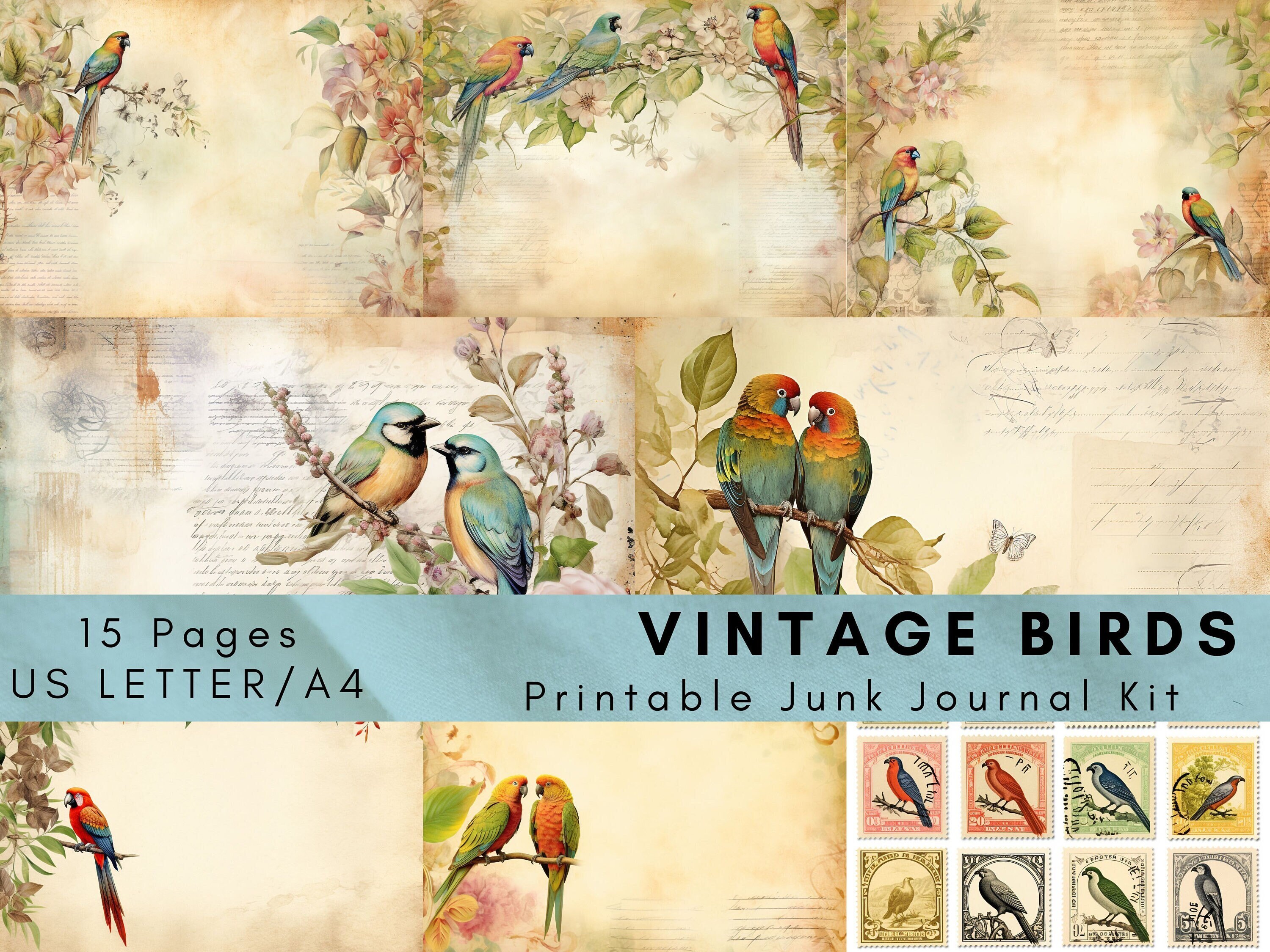 ヴィンテージバードジャンクジャーナルキット：印刷可能なスクラップ