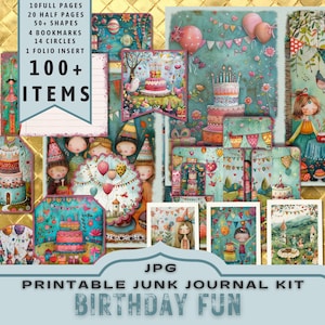 Kit de diario basura divertido de cumpleaños, medias páginas, páginas completas, tarjetas, etiquetas, folio, suministro de álbumes de recortes, rosa azulado, digitales, imprimibles. Descargar JPG