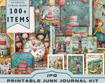 Birthday Fun Junk Journal Kit, Half pages, Full pages, Cards, Tags, Folio, Scrapbook Supply, Teal Pink, Digitals, Printable. JPG Download