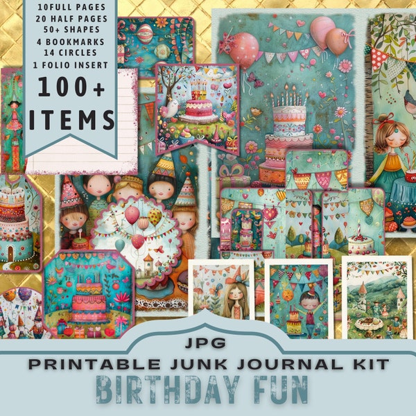 Kit de journal indésirable amusant d'anniversaire, demi-pages, pages complètes, cartes, étiquettes, folio, fournitures de scrapbooking, rose sarcelle, numériques, imprimable. Téléchargement JPG