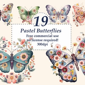 Schmetterling Clipart. Pastell Schmetterling, Blumen Digital-Aquarell. Sublimationspaket. Kommerzielle Nutzung möglich. PNG-Dateien. Transparenter Hintergrund.