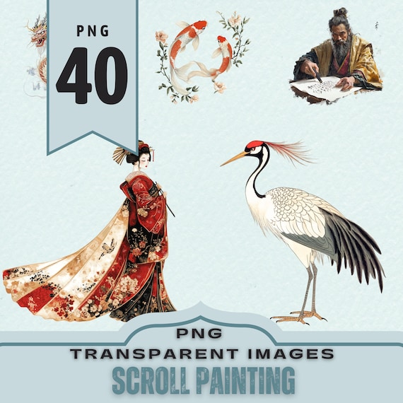 Asian Scroll Painting Clipart: 40 Transparent PNG Images (300dpi)