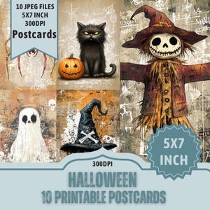 Skurriles Witchy Halloween Postkartendesign: Grunge Vogelscheuche, Mond, Spinne. 10 JPEG-Dateien 5x7 Zoll. 300dpi direkter Download auf Etsy.