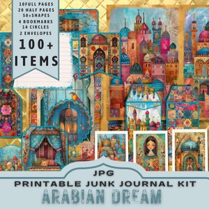 Kit de journal indésirable Arabian Dream, demi-pages, pages complètes, cartes, étiquettes, folio, fournitures de scrapbooking, or, numériques, imprimable. Téléchargement JPG