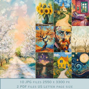 Imágenes de fondo al estilo de Van Gogh: girasoles, noche estrellada, flor de almendro. Archivos JPEG de tamaño carta de EE. UU. de 300 ppp, descarga directa en Etsy