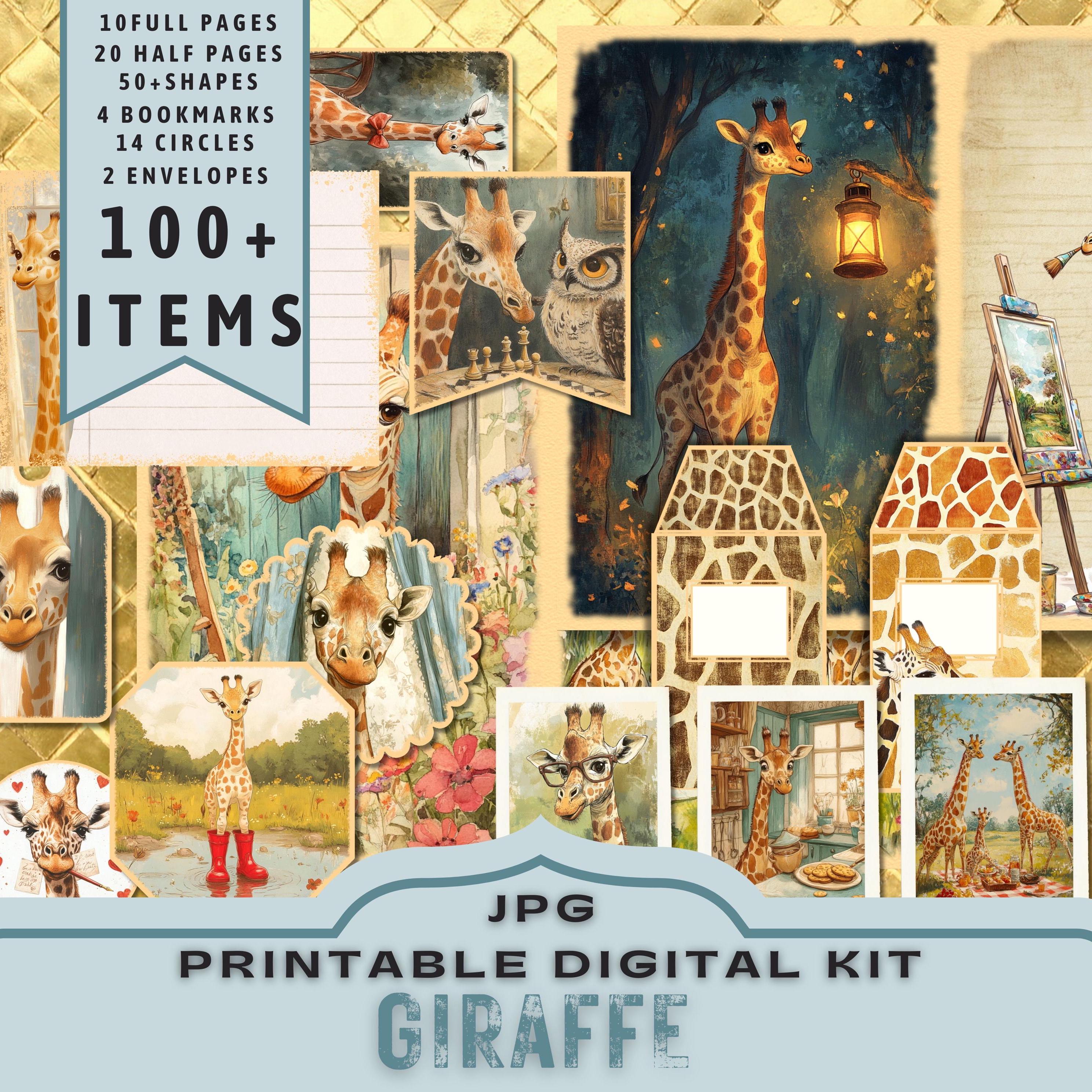 Giraffe Digital Kit, Card making, Journal Kit Printable. Cute Card kit for kids. 30 JPG Letter Size Pages. 300dpi direct download
