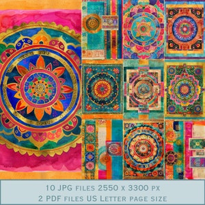 Immagini di sfondo buddista del Mandala del Tibet. File PDF e file JPEG stampabili. Pagine di album da 300 dpi, pagine di diario spazzatura, cartoline